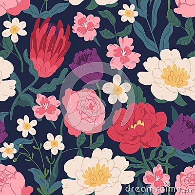 Gorgeous seamless pattern with peony roses, tulips and protea. Endless floral design with gorgeous spring flowers for Vector Illustration