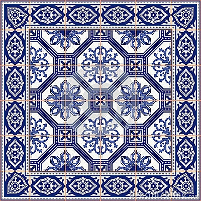 Gorgeous seamless pattern from tiles and border. Moroccan, Portuguese, Azulejo ornaments. Vector Illustration