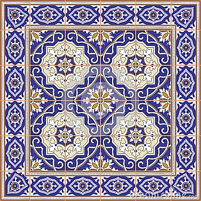 Gorgeous seamless pattern from tiles and border. Moroccan, Portuguese, Azulejo ornaments. Vector Illustration