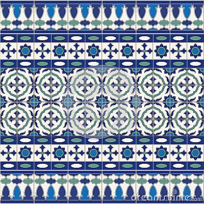 Gorgeous seamless pattern from tiles and border. Moroccan, Portuguese, Azulejo ornaments. Vector Illustration