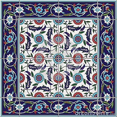 Gorgeous seamless pattern from tiles and border. Moroccan, Portuguese,Turkish, Azulejo ornaments. Can be used for Vector Illustration