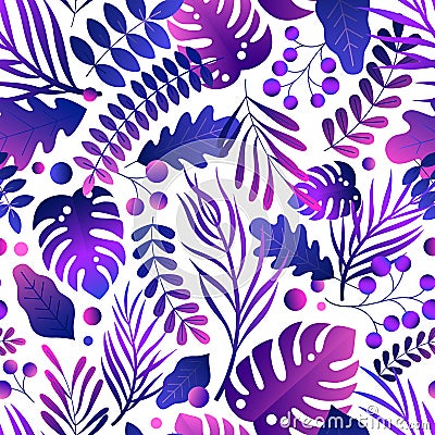 Gorgeous seamless pattern with tropical leaves. Endless background with gradient purple exotic foliage. Trendy colorful Vector Illustration