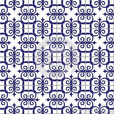 Gorgeous seamless pattern white blue Moroccan, Portuguese tiles, Azulejo, ornaments. Can be used for wallpaper, pattern Vector Illustration