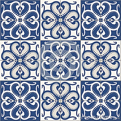 Gorgeous seamless pattern white colorful Moroccan, Portuguese tiles, Azulejo, ornaments. Vector Illustration