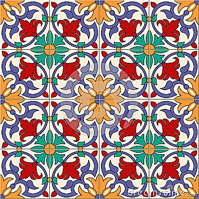 Gorgeous seamless pattern white colorful Moroccan, Portuguese tiles, Azulejo, ornaments. Can be used for wallpaper Vector Illustration