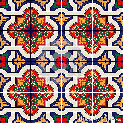 Gorgeous seamless pattern white colorful Moroccan, Portuguese tiles, Azulejo, ornaments. Can be used for wallpaper Vector Illustration