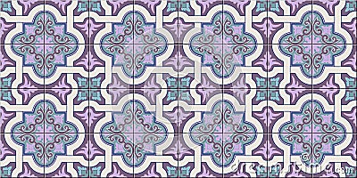 Gorgeous seamless pattern white fashionable shades of purple and lilac Moroccan, Portuguese tiles, Azulejo, ornaments. Can be used Cartoon Illustration