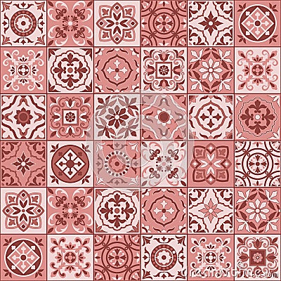 Gorgeous seamless pattern white marsala color Moroccan, Portuguese tiles, Azulejo, ornaments. Vector Illustration