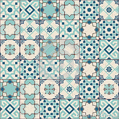 Gorgeous seamless pattern white old green Moroccan, Portuguese tiles, Azulejo, ornaments. Can be used for wallpaper Vector Illustration