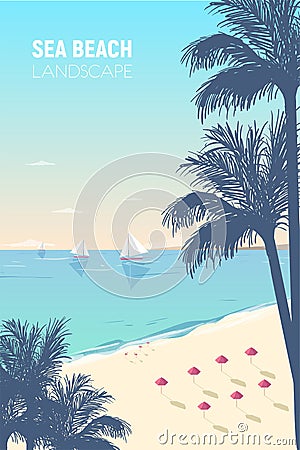 Gorgeous seascape with palm silhouettes, sand beach, pink umbrellas and sail yachts floating in ocean. Seaside landscape Vector Illustration
