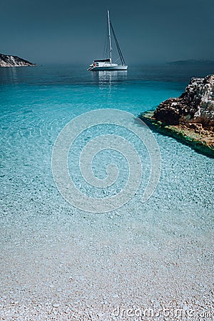 Gorgeous seascape with white yacht on calm water. Summer vacation holiday luxury travel romantic honeymooning concept Stock Photo