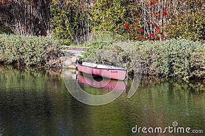 A gorgeous shot of the lush green waters of the canal with colorful boats and lush green trees Editorial Stock Photo