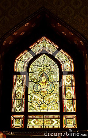 Gorgeous Stained Glass over the Windows of Wat Benchamabophit Temple Ordination Hall, Bangkok, Thailand Stock Photo