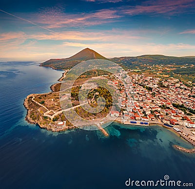 Gorgeous summer sunset on Pylos Castle. Spectacular evening cityscape of Pylos town, Greece, Europe. Stock Photo