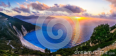 Gorgeous sunset over most beautiful beach Myrtos, Kefalonia island, Greece Stock Photo