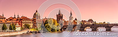 Gorgeous sunset over the old town Charles Bridge Tower Gateway in Prague, Czech Republic, summer time Editorial Stock Photo