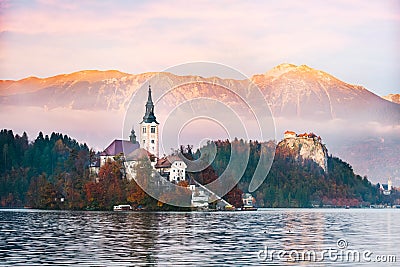 Bled Lake in the sunset Stock Photo
