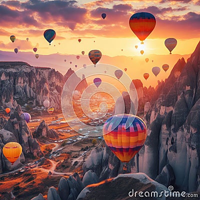 gorgeous view of flying air balloons over Cappadocia at sunrise and lots of people watching this moment from down Stock Photo