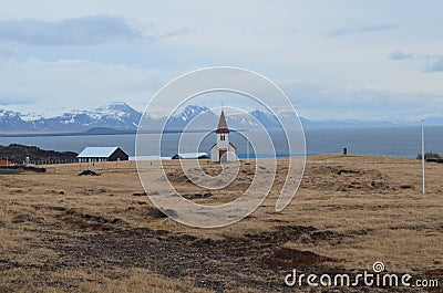 Gorgeous View of Hellnar Iceland`s Church Stock Photo