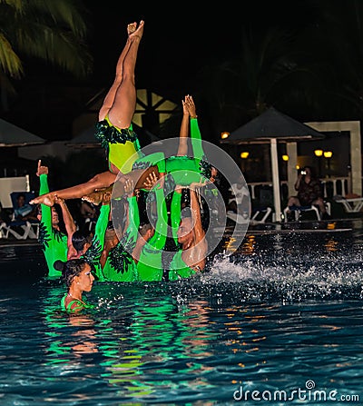 Gorgeous view of live performance by hotel entertainment team at night water show Editorial Stock Photo