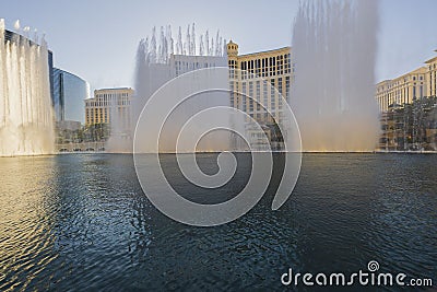 Gorgeous view of water show fountains of Bellagio hotel in sun day. Las Vegas-Strip. Nevada, Editorial Stock Photo