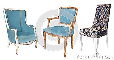 Gorgeous vintage armchairs with and gold white legs, blue and gold padding. Isolated on white background. Retro style. Vintage Stock Photo