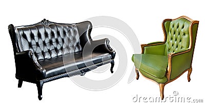 Gorgeous vintage green leather armchair and black leather sofa isolated on white background Stock Photo