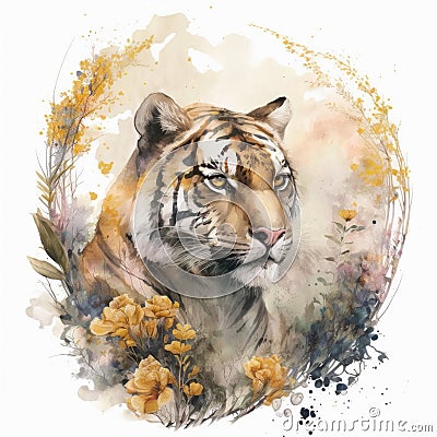 A gorgeous watercolor portrait of a regal tiger Stock Photo