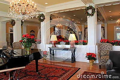 Gorgeous welcome in foyer decorated for Christmas, The Sagamore Resort, Bolton Landing, New York, 2016 Editorial Stock Photo