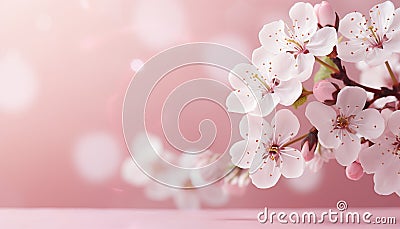 Gorgeous white cherry blossom on mystical bokeh background with spacious copy space on the left Stock Photo