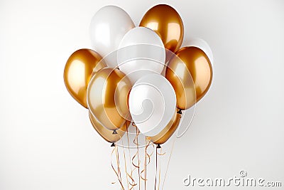 Gorgeous white and gold helium filled balloon shining brightly against a pure white backdrop Stock Photo