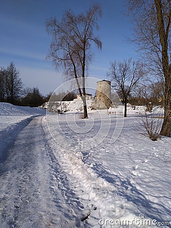 Gorgeous white snowy winter at small city Stock Photo