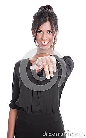 Gorgeous woman in black pointing at camera isolated on white background Stock Photo