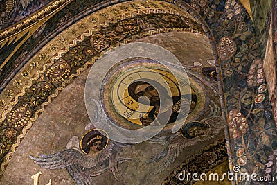 Gorgeously decorated frescoes on the walls in the interior of the Refectory Church in Pechersk Lavra in Kyiv Editorial Stock Photo