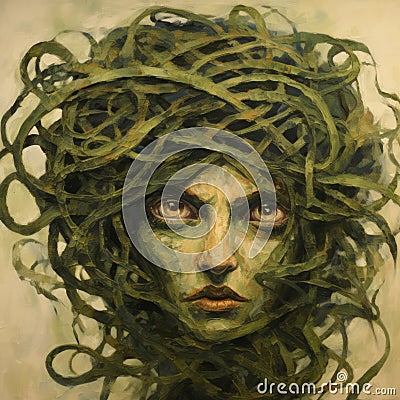 Gorgon: A Tangled Nest Of Green Hair In Expressionist Style Stock Photo