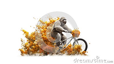 a gorilla on a bicycle in the street with the orange flowers Stock Photo