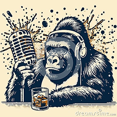 Gorilla enjoy on podcast drink whiskey vector illustration Vector Illustration