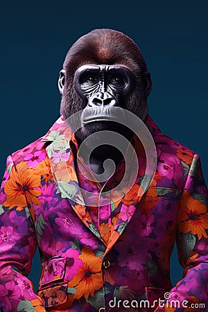 Gorilla in floral jacket half - length frontal view Stock Photo