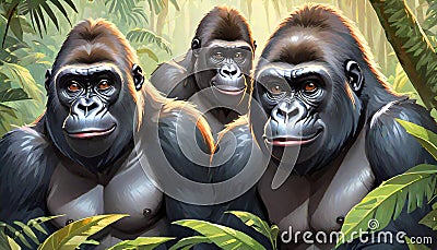 Gorilla green jungle forest primate natural habitat Cartoon Illustration