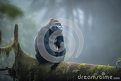 gorilla in the misty forest, sitting on a tree branch Stock Photo