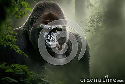 Gorilla in a Misty Jungle - AI Generative Stock Photo
