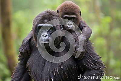 gorilla mother carrying her child on her back Stock Photo