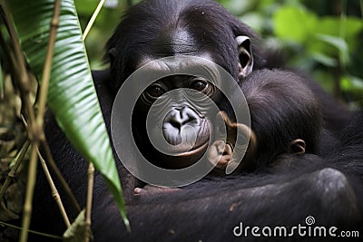 a gorilla mother cradling her baby Stock Photo