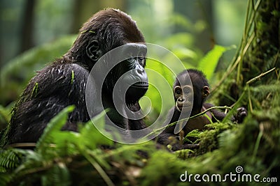 gorilla mother and infant interacting in their natural habitat Stock Photo