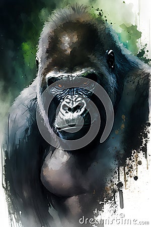 Gorilla portrait. Digital watercolor painting. Illustration of a gorilla. Stock Photo