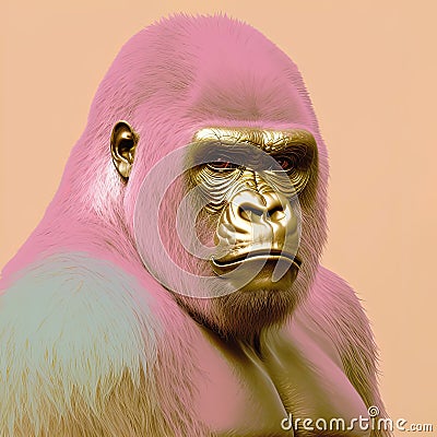 Gorilla portrait, pink and yellow pastel colors, copy space. Generative AI Stock Photo