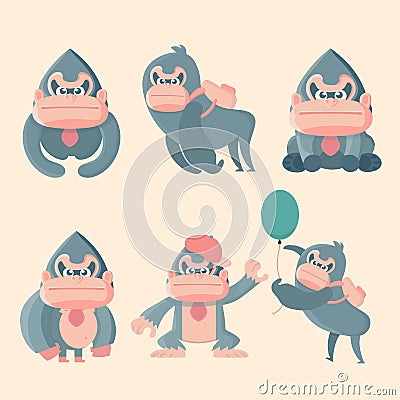 Gorilla set poses. Vector Illustration