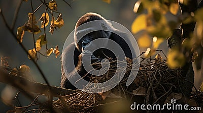 Gorilla Skillfully Constructing a Tree Nest Stock Photo