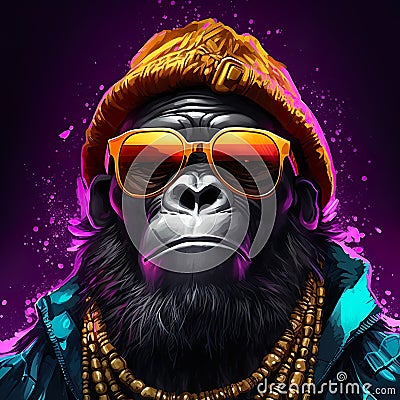 gorilla stands in profile, with a stylish pair of sunglasses and a gold chain around its neck Cartoon Illustration