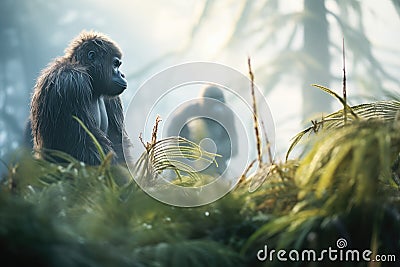 gorillas breath visible in cold morning mist Stock Photo